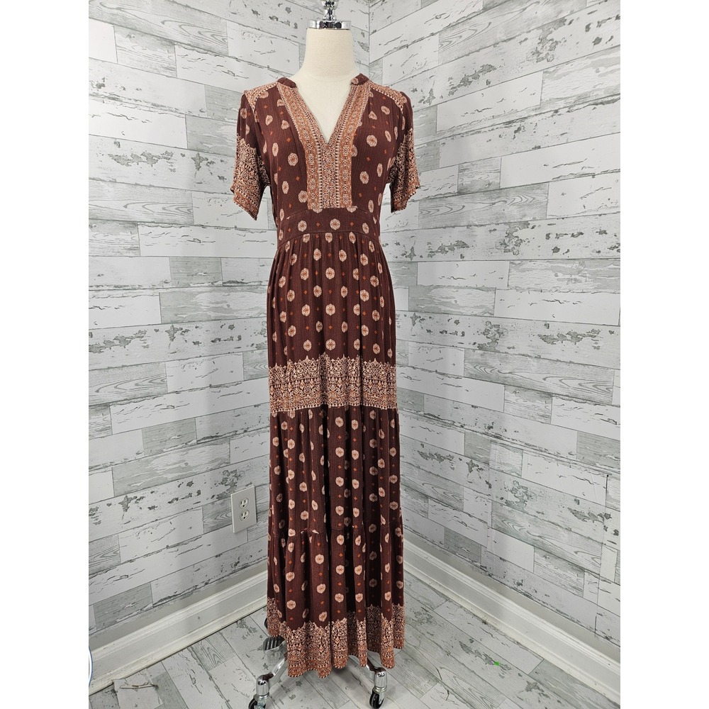 Knox Rose Womens Boho Maxi Dress XS Burgundy Brown Medallion Print Tiered V-Neck